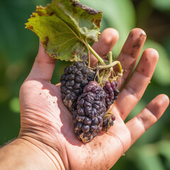woman holds a rotten, spoiled crop, overripe mulberry with dirty peel. protecting mulberry fruits harvests from mold, fungus, decay and desease parasite for food waste decomposition concept