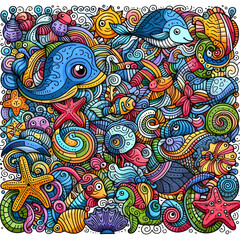 Ocean Symphony: Colorful Sea Animals doodle art pattern with various objects