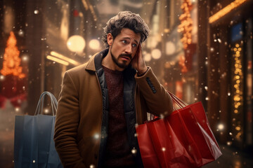 Christmas shopping man waiting with bags, Generated AI	
