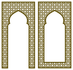 Rectangular frame and arch with traditional Arabic ornament for invitation card.Proportion 2x1.Brown color.	
