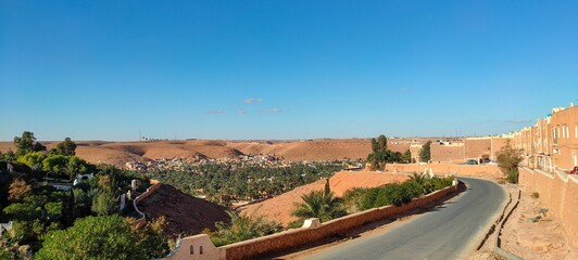 Panoramic view  from the beautiful district of Ksar Tafilelt. With its houses made of clay and stones, typical sub-Saharan desert architecture, Gharda&iuml;a, Oasis M'zab, Algeria