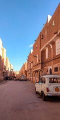 Fototapeta na wymiar The beautiful district of Ksar Tafilelt. With its houses made of clay and stones, typical sub-Saharan desert architecture, Ghardaïa, Oasis M'zab, Algeria