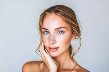 Close-up of a young woman facial skin with clear blue eyes, smooth radiant skin, and natural makeup, exuding elegance, wellness and simplicity. Skincare concept.