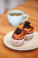 Two freshly baked muffins on plate decorated with cocoa cream and pieces of chocolate