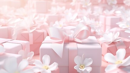 Delicate Pink Gift Boxes with White Flowers, Soft and Romantic Composition, greeting card, Celebrations and Events, copyspace, Mothers Day, Valentines Day, spring sales.