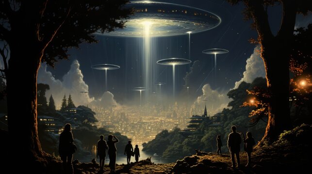 Pulp illustration of an alien invasion in a retro city, classic pulp-style UFOs hovering above
