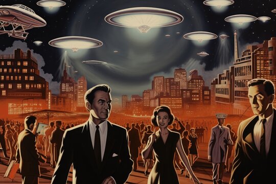 Pulp illustration of an alien invasion in a retro city, classic pulp-style UFOs hovering above

