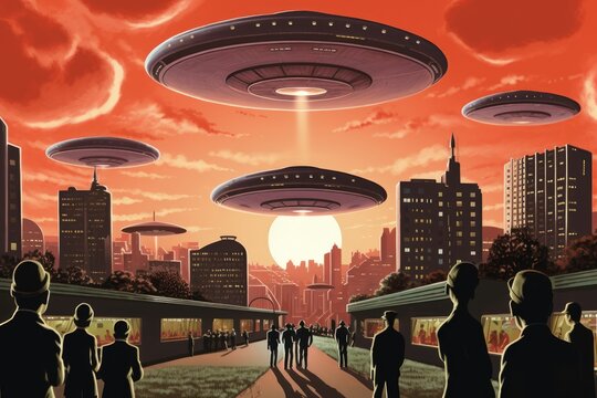 Pulp illustration of an alien invasion in a retro city, classic pulp-style UFOs hovering above
