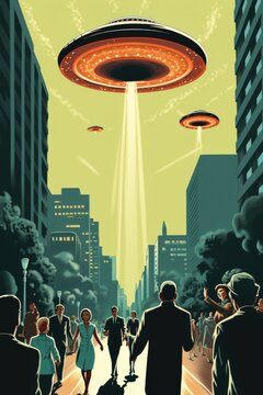 Pulp illustration of an alien invasion in a retro city, classic pulp-style UFOs hovering above
