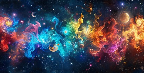 A vibrant and colorful space scene with a celestial background Generative AI - obrazy, fototapety, plakaty