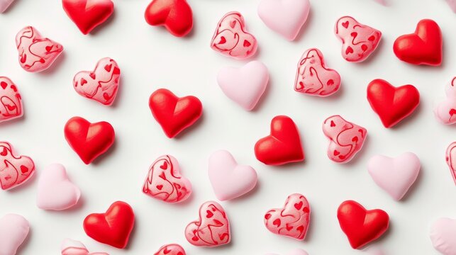 Scattered watercolor hearts in shades of pink and red on a white background.