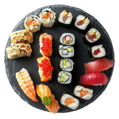 Sushi set on a platter included salmon nigiri, ebi nigiri, tuna nigiri, tuna maki, salmon maki, sushi with caviar, etc. 