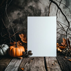 Halloween background with blank paper sheet, ghosts and pumpkins on wooden background