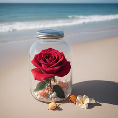 A Captivating Rose Jar Amidst Beach Serenity AI GENERATED