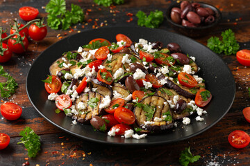 Roasted Eggplant, Tomato salad with kalamata olives and Feta cheese