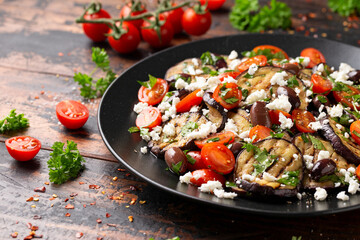 Roasted Eggplant, Tomato salad with kalamata olives and Feta cheese