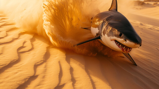 surreal, sharking swimming diving in desert without water, shark in desert,  photo manipulation, abstract
