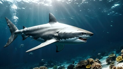 Entre les coraux, un majestueux requin navigue silencieusement, sa silhouette puissante contrastant...