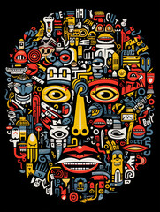 T-shirt design, art brut face crowd, art print created with Generative Ai