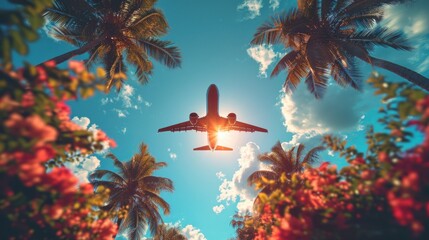 Summer and palm trees with a plane flying in the background, in the style of immersive