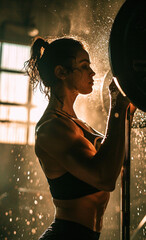 Obraz premium Zbliżenie atrakcyjnej dziewczyny chybającej sztangę w siłowni - fitness i ćwiczenia, zdjęcie sportowe - Close-up of an attractive girl missing a barbell in a gym - fitness and exercise - AI Generated
