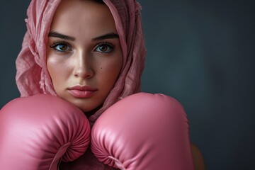 A woman wearing a pink headscarf and pink boxing gloves Generative AI - obrazy, fototapety, plakaty
