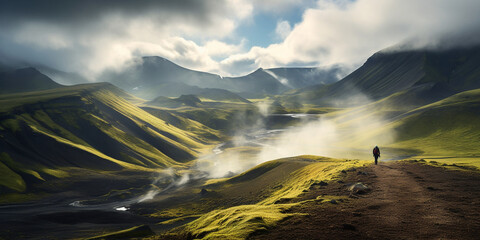 Panoramic landscape of Iceland. Dramatic overcast sky Typical landscape of the Iceland green hills Mountains in Skarn.