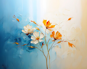 Abstract background with white and yellow flowers on a blue background, oil painting