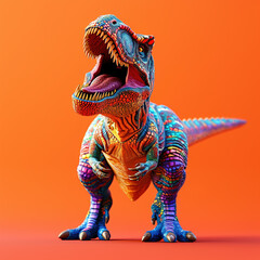 Neonowy tyranozaur na izolowanym pomarańczowym tle - ilustracja 3d - prehistoryczny gniew - Neon tyrannosaurus on isolated orange background - 3d illustration - prehistoric wrath - AI Generated - obrazy, fototapety, plakaty