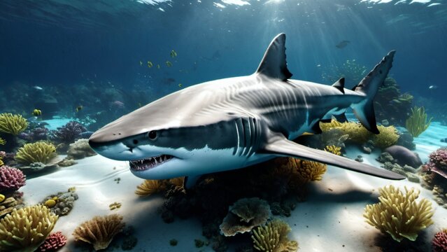 Sous les reflets du soleil p&eacute;n&eacute;trant les profondeurs, un requin se d&eacute;place avec une gr&acirc;ce brutale. Ses yeux per&ccedil;ants observent les myst&egrave;res des fonds marins, &eacute;voquant une puissance tranquille.