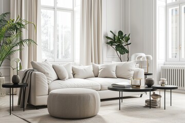 Cozy white living room interior, home mockup, 3d render