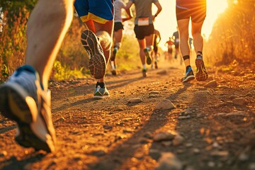 A group of runners running on a dirt road. Generative AI