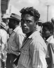 Obraz premium B&W portrait of a young African American man in Coney Island in the 1930's. Pensive and guarded expression and thoughtful emotion.