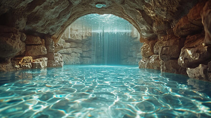 A surreal scene of a pool filled with crystal clear water that magnifies everything beneath,