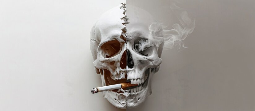 A White and Brown Skull with a Cigarette in its Mouth Generative AI