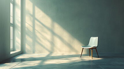 A depiction of a simple, white chair in an empty, grey room, suggesting absence or contemplation,