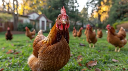 Fototapeta premium Idyllic Organic Farm Showcasing Free-Range Chickens Roaming Freely in a Natural, Open Environment