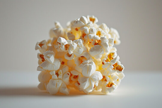 An image of a single piece of popcorn on a vast, white background, symbolizing simplicity and focus,