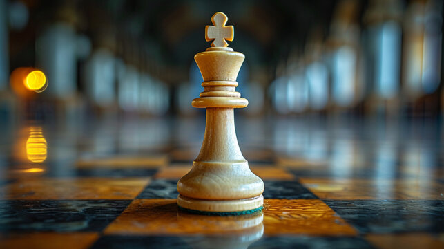 An image of a single, white chess piece on an empty board, representing strategy or isolation,