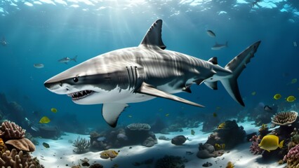 Obraz premium De l’obscurité des abysses, un requin surgit, ses nageoires caudales créant de gracieuses ondulations. Les lueurs bioluminescentes mettent en valeur la puissance et la beauté de ce prédateur océanique