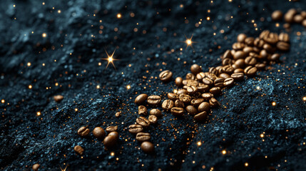 A depiction of a minimalist constellation made from coffee beans against a dark, night sky background,