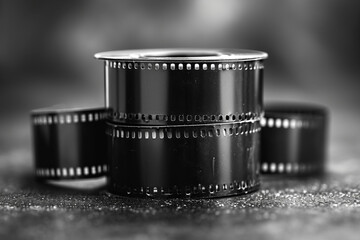 Fototapeta na wymiar A portrayal of a small piece of film reel, with a single frame focused, set against a monochromatic background,