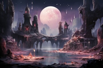 Fototapeta premium Bewitching moonstone fountains in Fantasy - Generative AI
