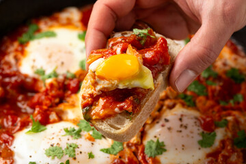 Healthy shakshuka with vegetables, herbs, tomatoes in iron cast pan - obrazy, fototapety, plakaty