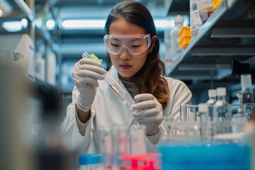 A woman in a lab coat working with a microscope Generative AI