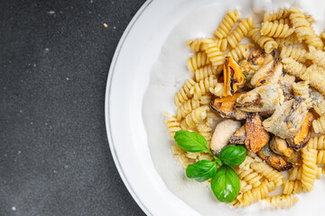 fusilli pasta with mussels seafood Mediterranean cuisine tasty fresh delicious healthy eating cooking appetizer meal food snack on the table copy space