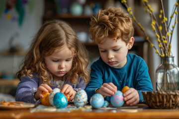 Fototapeta premium Two cheerful children decorating easter eggs