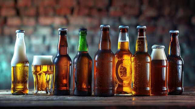Craft beer bottles of different types on wooden table, Octoberfest, St. Patrick's Day celebration, beer party, pub events concept.