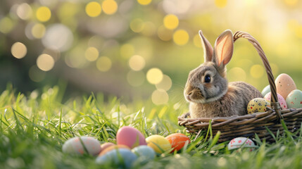 Fototapeta na wymiar Festive spring Easter atmosphere, bunny and decorated eggs. 