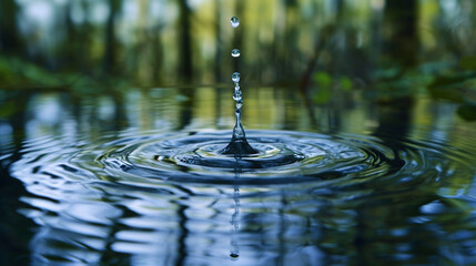 A close-up shot of a water droplet splashing into a calm pond, creating ripples that distort the reflection of surrounding trees. The image captures the delicate balance and interc
